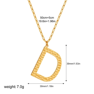 Golden paperclip chain necklace with hammered texture letter D pendant and size details