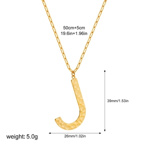 Detailed size specifications for gold hammered letter J pendant with measurements