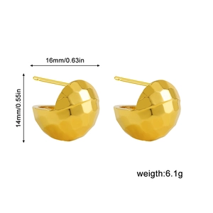 Detailed view of 18K gold faceted geometric dome earrings with size and weight specs
