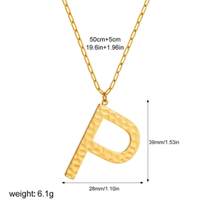 Detail view of gold letter P pendant with hammered texture and 50cm chain dimensions