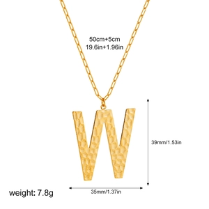 Golden paperclip chain with 39mm hammered letter W pendant and product measurements