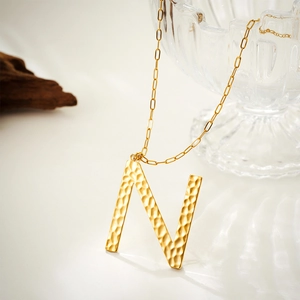 Hammered gold N letter pendant with modern paperclip chain necklace for women