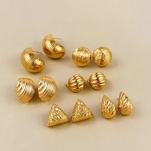 Set of six gold-plated stainless steel stud earrings with geometric textured designs