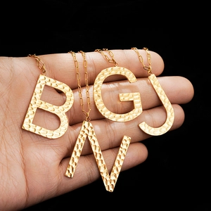 Hammered Texture Gold Stainless Steel Initial Letter Pendant Necklace Hip Hop Bold Statement Jewelry For Men Women