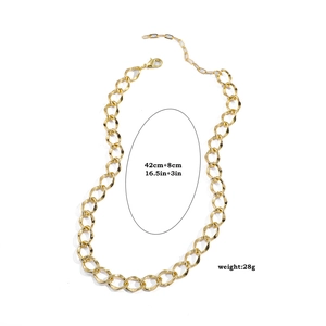 Detail of chunky gold chain necklace showing dimensions 42cm plus 8cm extension and 28g weight