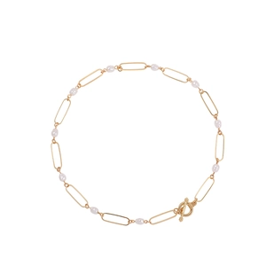 Chunky gold chain necklace with white pearls and OT toggle clasp in punk style