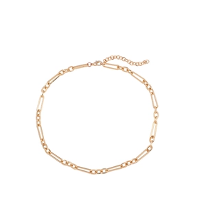 Detail of chunky gold alloy chain link necklace with adjustable clasp and lobster hook