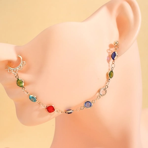 Chaîne nez-oreille dorée style bohème avec clous de lune et perles de cristal colorées
