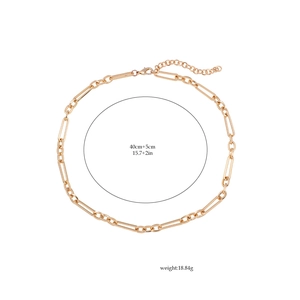 Detail of chunky gold chain necklace showing 40+5cm length specs and lobster clasp