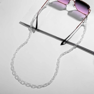 Detailed view of a transparent acrylic eyewear chain with modern flat-loop design links