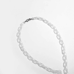 Macro shot of clear acrylic chain links with silver metal lobster clasps for eyewear