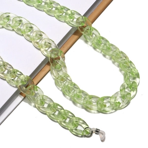 Close-up of translucent light green acrylic eyewear chain with silicone loops