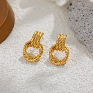 18K gold plated geometric twist hoop earrings with interlocking rope texture design