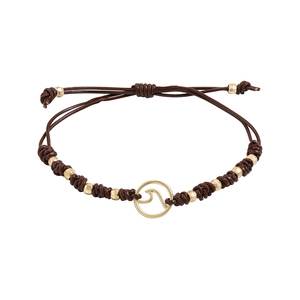 Adjustable brown leather cord bracelet with golden ocean wave charm and metallic beads