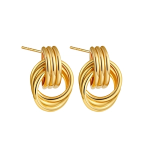 Polished 18K gold double interlocking circle earrings with a high-shine finish