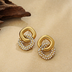 Boucles d'oreilles doubles anneaux dorés 18K en acier inoxydable avec perles et rayures