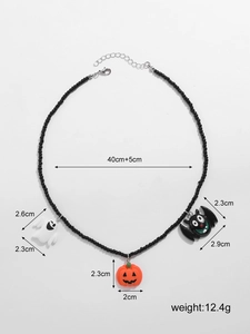 Halloween-Perlenkette mit Detailmaßen für Geister-, Kürbis- und Fledermaus-Anhänger