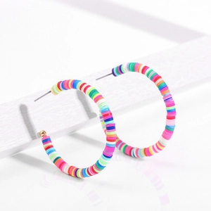 Bohemian Polymer Clay Hoop Earrings For Women Colorful Rainbow Handmade Heishi Bead Statement Earrings Summer Beach Vacation Jewelry