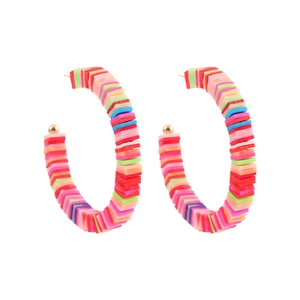 Bohemian colorful polymer clay hoop earrings with vibrant rainbow bead pattern