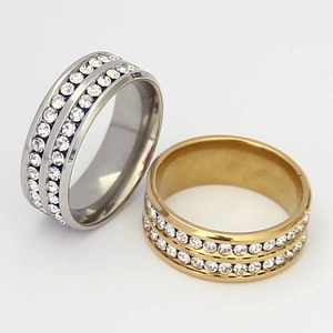Anillos de acero inoxidable con doble fila de diamantes de imitación en plata y oro