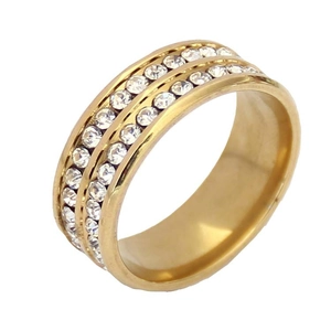Lujoso anillo de acero inoxidable dorado con doble fila de cristales pavé pulidos