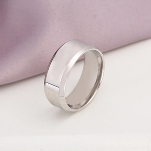 Sleek 8mm silver stainless steel ring with double beveled edges and polished finish