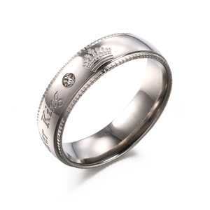 Bague de couple Her King en acier inoxydable avec gravure couronne et zircon blanc