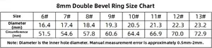 Size chart for 8mm beveled edge ring showing inner diameter and circumference measurements