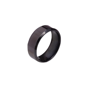 Minimalist 8mm black stainless steel ring with beveled edges for men on white background