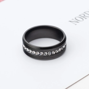 Black matte stainless steel ring with 8mm beveled edges and full row of sparkling zircons