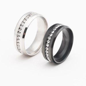 8mm stainless steel ring with single row cubic zirconia and beveled edges in black and silver