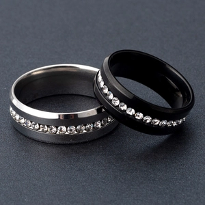 Unisex Stainless Steel Full Zirconia Inlaid Finger Ring Black Silver Plated Matte Finish Minimalist Trendy Jewelry Gift