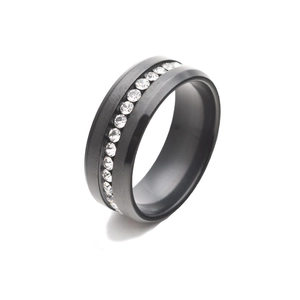 Black matte stainless steel ring with 8mm beveled edges and full crystal pavé inlay