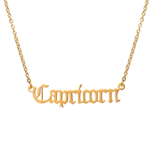 Detalle de collar de acero dorado con colgante de Capricornio en estilo gótico