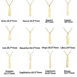 Detailed size chart of 18K gold plated stainless steel zodiac necklaces with dimensions