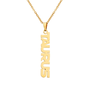 Close-up of golden stainless steel Taurus pendant with a minimalist hollow vertical design