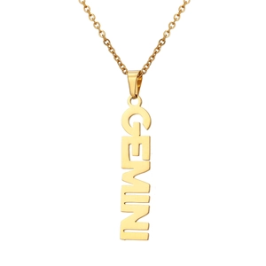 Detailed view of the 18K gold-plated Gemini zodiac pendant necklace on a sleek cable chain