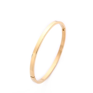 Polished 18K rose gold stainless steel bangle featuring a minimalist hinge closure design