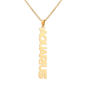 Detail of 18K gold stainless steel Aquarius zodiac pendant with vertical lettering