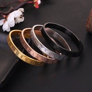 Minimalist Stainless Steel Roman Numeral Bangle For Women Men Electroplated Polished Fashion Jewelry Engraved Bracelet