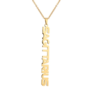 Detailed close-up of vertical 18K gold Sagittarius zodiac pendant on stainless steel chain