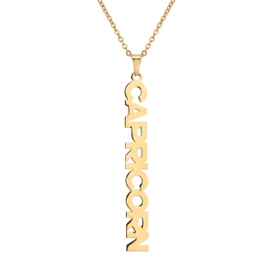 Detailed close-up of 18K gold-plated stainless steel Capricorn vertical letter necklace