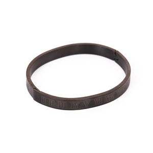 Modern black stainless steel oval bangle featuring engraved Roman numerals and side clasp