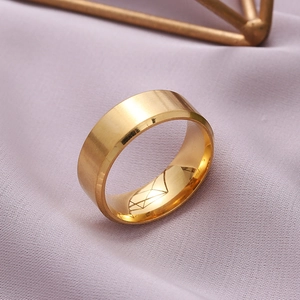 Minimalist 8mm matte gold stainless steel ring with brushed finish and beveled edges