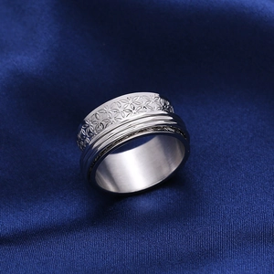 Stainless Steel Spinner Ring For Anxiety Relief Wide Band Floral Leaf Engraved Rotating Ring Unisex Fashion Jewelry Finger Ring