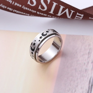 Bague rotative en acier inoxydable avec motifs célestes d'étoiles et de lune en argent
