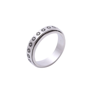 Anello rotante in acciaio spazzolato con motivi di margherite nere su sfondo bianco