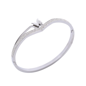 Polished titanium steel butterfly open bangle with frosted finish and crystals