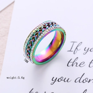 Regenbogen Edelstahl Kettenring mit doppelter Diamantreihe und 7mm Drehband