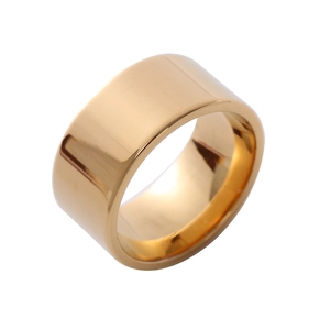 Polished 10mm wide flat band stainless steel ring plated in 18K gold finish